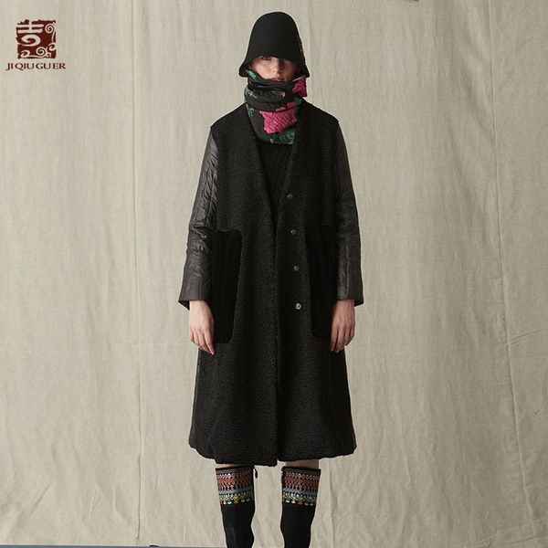 

jiqiuguer women black winter casual coats single breasted full sleeve solid pockets v neck patch designs down jacket g184y010