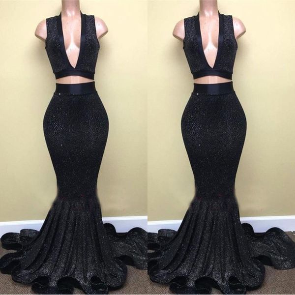 

black two pieces sequined prom dresses 2020 deep v-neck sleeveless evening gowns ba8041 cascading ruffles skirts