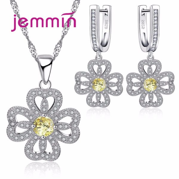 

jemmin 925 stamp sterling silver yellow austrian crystal women jewelry set flower pendant earrings+necklace sets, Black