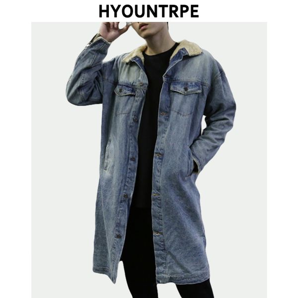 

high street denim jacket lamb wool warm thick coat zipper long sleeve single breasted parkas men new winter hip hop clothing, Black