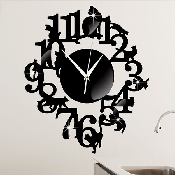 

diy creative black cat mirror wall clocks modern study bedroom wall watch home decoration accessories christmas gifts