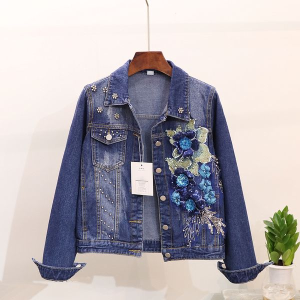 

new 2018 spring autumn women's bead sequined stereo flowers embroidered short jeans jacket blue denim coat students casual coat, Black;brown