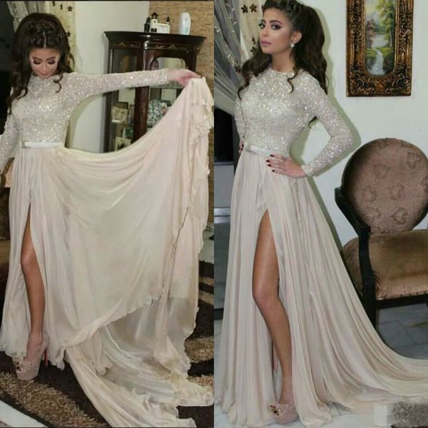

sparkly sequins a line evening dresses long sleeves jewel neck boho high split chiffon prom dress custom made, Black;red