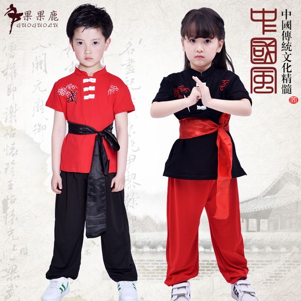 

children's martial arts clothing performance clothing short-sleeved boy kungfu practice clothes girls martial arts, Black;red