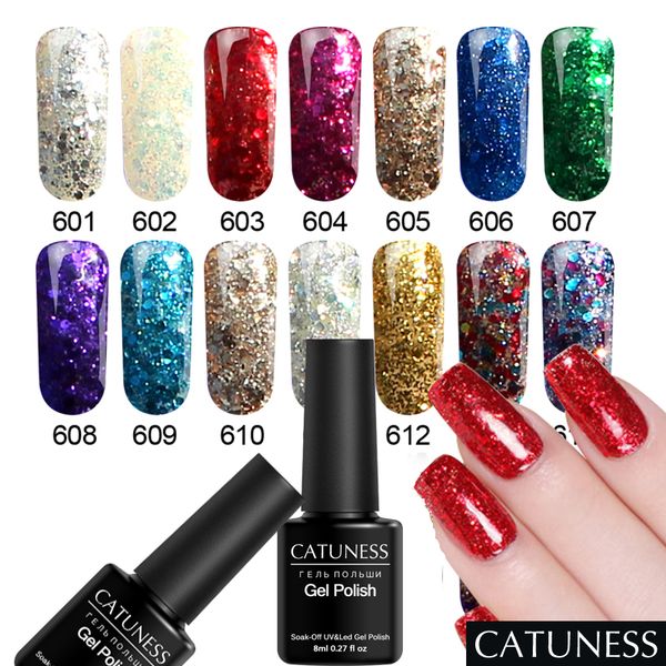 

catuness brilliant diamond gel glitter color gold sequins gel varnish soak shiny nail art professional books uv nail polish, Red;pink