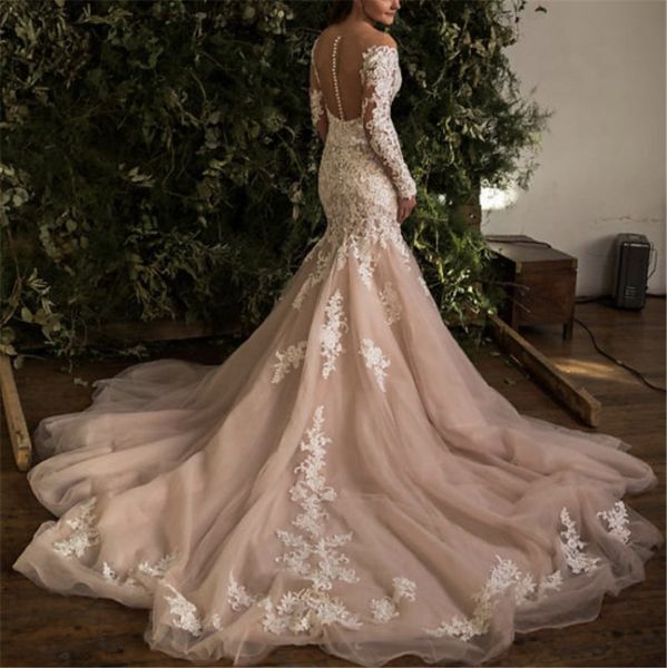 

light pink color with ivory lace detail all over outside wedding dress mermaid long sleeves open v-neck bridal gowns with train sheer back, White