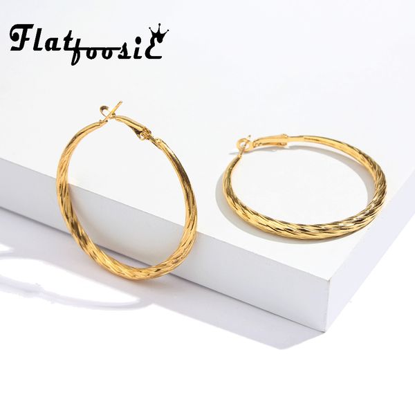

flatfoosie new fashion big hoop earrings punk gold color round twist loop statement earring simple jewelry brincos, Golden;silver