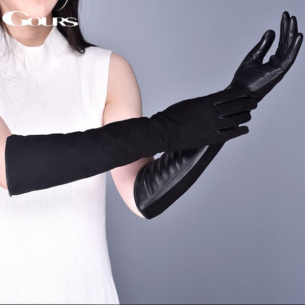 

gours women' genuine leather gloves winter warm suede goatskin touch screen long gloves fashion sheepskin mittens new gsl080, Blue;gray