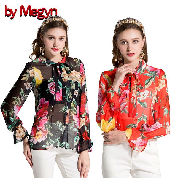 

by megyn floral printed shirts women flare long sleeve blouse 2018 spring summer elegant transparent plus size 3xl blouses women, White