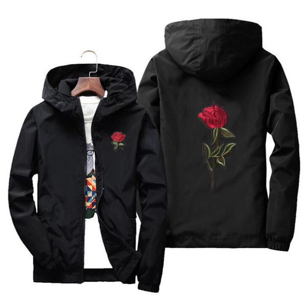 JOOBOX Giacca a vento con ricamo fiore rosa Giacca da uomo Bomber con cappuccio Pelle Giacche da uomo jaqueta masculina Taglia grande S M 7XL