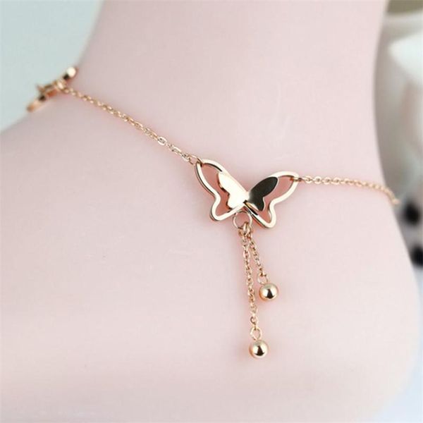 

fashion butterfly pendant tassel rhinestone ankle bracelet titanium steel anklet beach foot chain for women girls, Red;blue