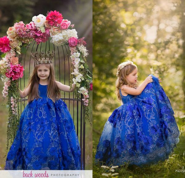 Royal Blue Flower Girl Vestidos Tule Rendas 3D Floral Apliques Jóia No Pescoço Princesa Desgaste Meninas Pageant Vestido Meninas Formal Vestido