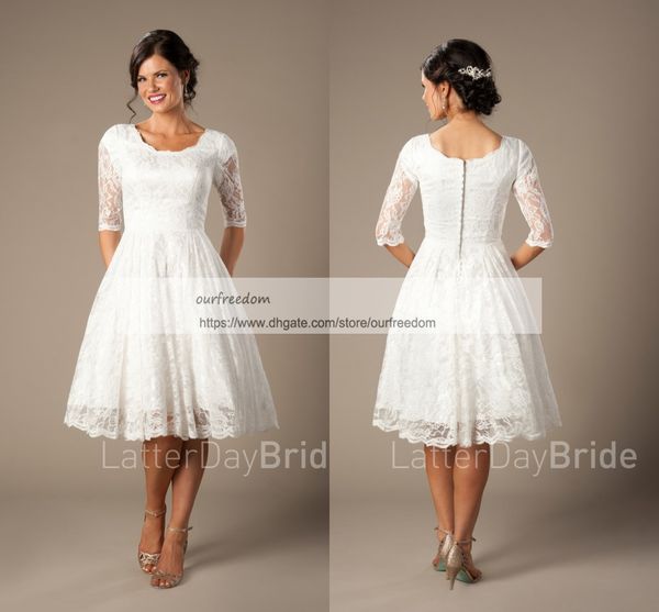 

2019 Элегантный A Line Кружева Свадебные Платья Scoop Шеи Чай Длина Линии Молния Назад 1/2