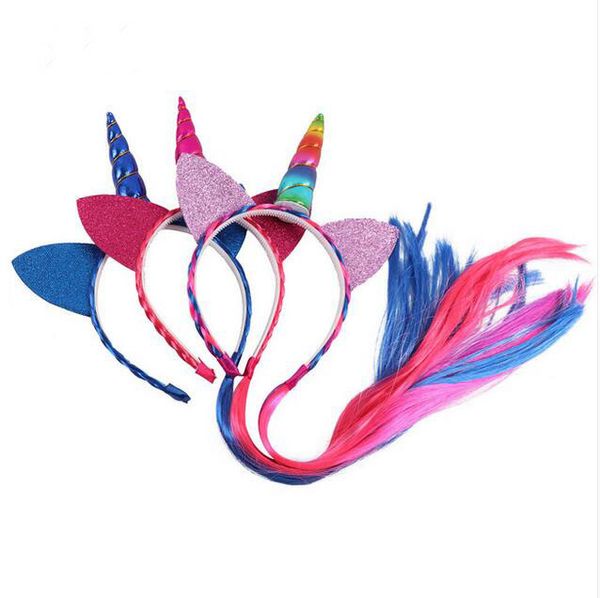 Rainbow Color Rabo De Cavalo Unicórnio Headbands Glitter Orelhas Crianças Meninas Princesa Trança Peruca Hairbands Acessórios Para o Cabelo GA243