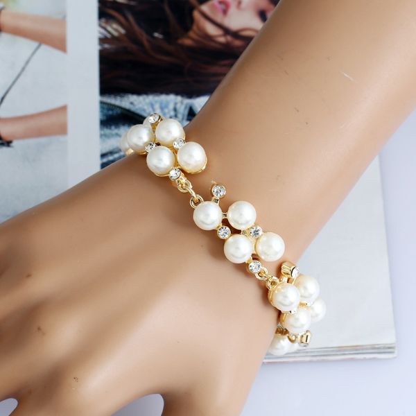 

brand cute imitation pearl crystal bracelet for women 2019 fashion bride jewelry geometric metal rhinestone cuff bracelet, Black