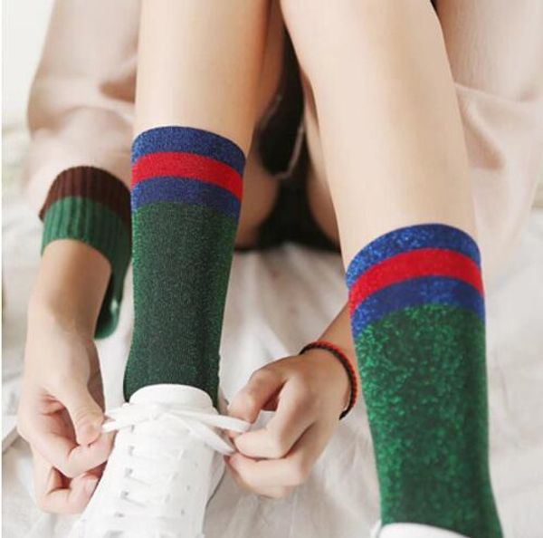 Sping Harajuku Frauen Glitter Socken Casual Gestreifte Socken Mädchen Silber Glänzende Socken Mittlere Länge Frau Sox Calcetines Mujer Kinder Sox 5 farben