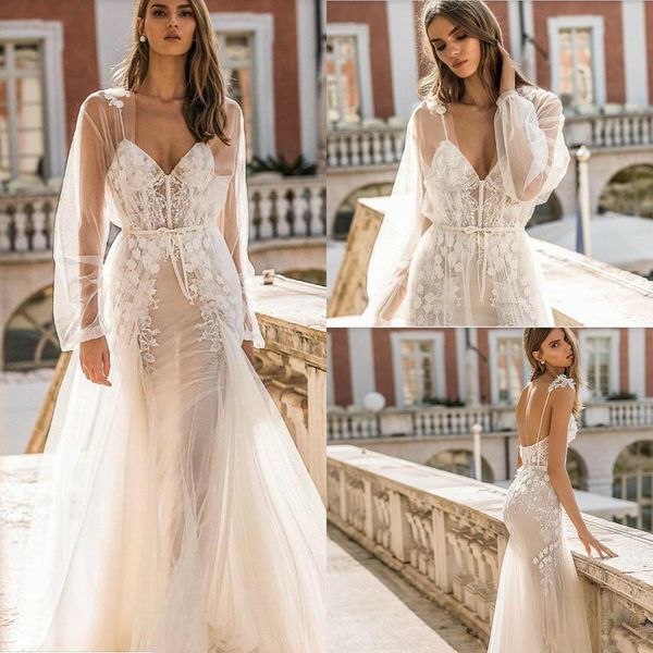 

берта 2019 русалка свадебные платья с длинным рукавом куртка кружева аппликации свадебные платья сексуальная спинки ремень камуфляж свадебно, White