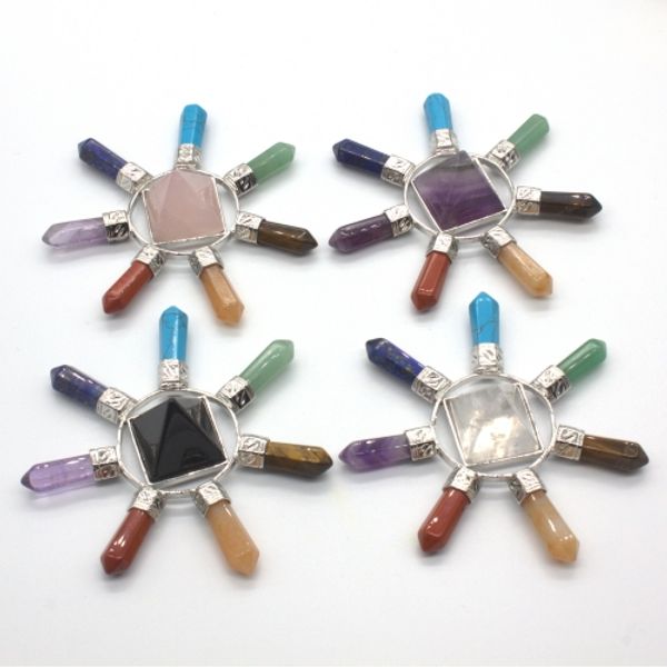 

wholesale 5 pcs vintage silver plated pyramid 7 color hexagon stone energy launcher charka pendant amulet jewelry