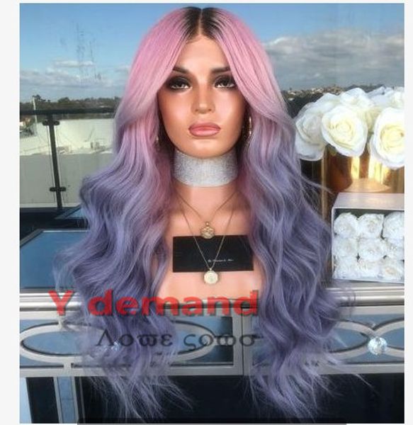 

24'' Long Wavy Wig Hairstyle Wigs None Lace Hair Ombre Black Pink Purple Fashion Heat Resistant Synthetic Hair Wig for Women