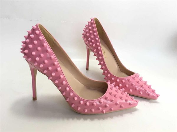 

lady women woman 2019sss new pink patent leather spikes high heels shoes stiletto heels poined toes wedding heeled shoes pumps, Black