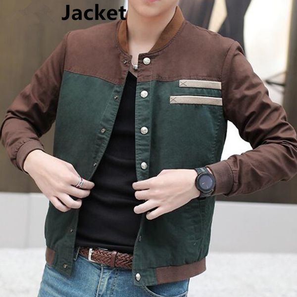 

autumn korean men jacket cultivate morality short paragraph color matching collar jacket male baseball uniform plus size m-5xl patchwork fre, Black;brown