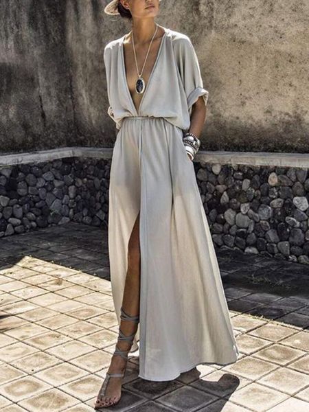 

2018 women dress deep v neck elastic waist plain split dress solid chiffon maxi ladies beach party dropshipping, White;black