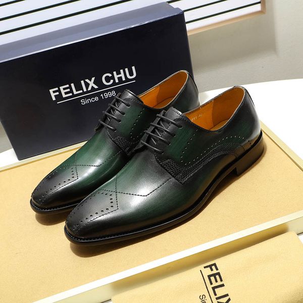 

felix chu luxury mens dress shoes genuine leather pointed toe brogue derby shoes green black male lace up formal leather