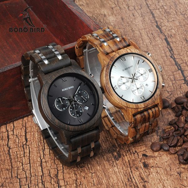 

bobo bird wooden watch men relogio masculino wood metal strap chronograph date quartz watches luxury versatile timepieces wp19, Slivery;brown