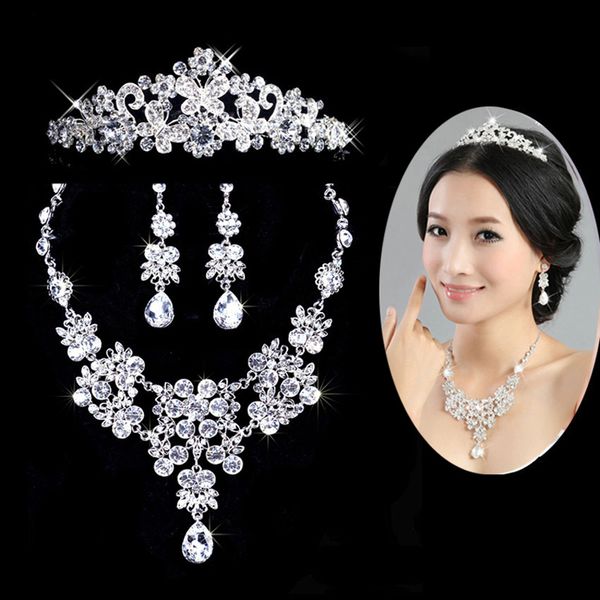 

treazy butterfly flower waterdrop crystal diamante bride 3pcs set necklace earrings crown tiara bridal wedding jewelry set, Slivery;golden
