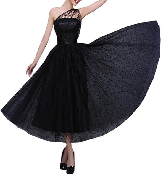 

Vintage 1950's Evening Prom Dresses for Women Ankle Length One Shoulder Formal Party Dress Tea Length Special Occasion Dresses, Dark navy