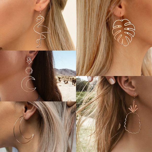 

hollow big pineapple leaves flamingo earrings charm geometric punk long pendant women drop earring jewelry, Golden