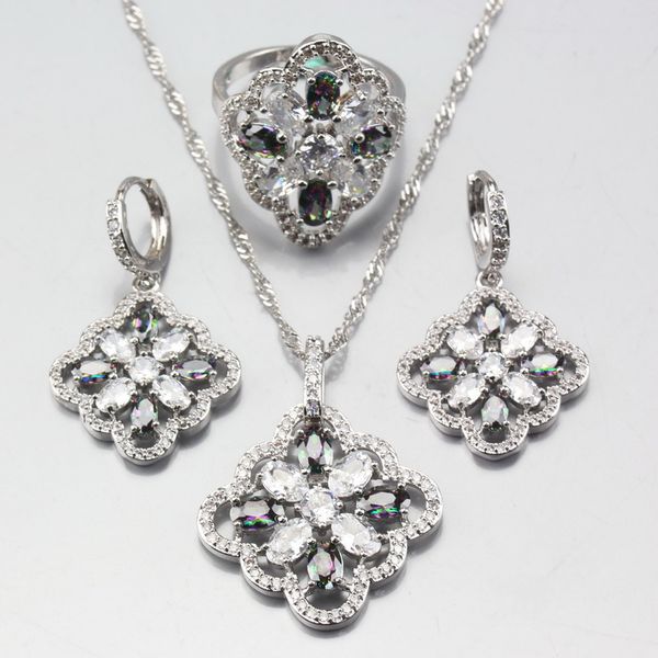 

11-color 925 sterling silver rainbow zircon jewelry sets for women earring ring pendant necklaces chain seller decoration