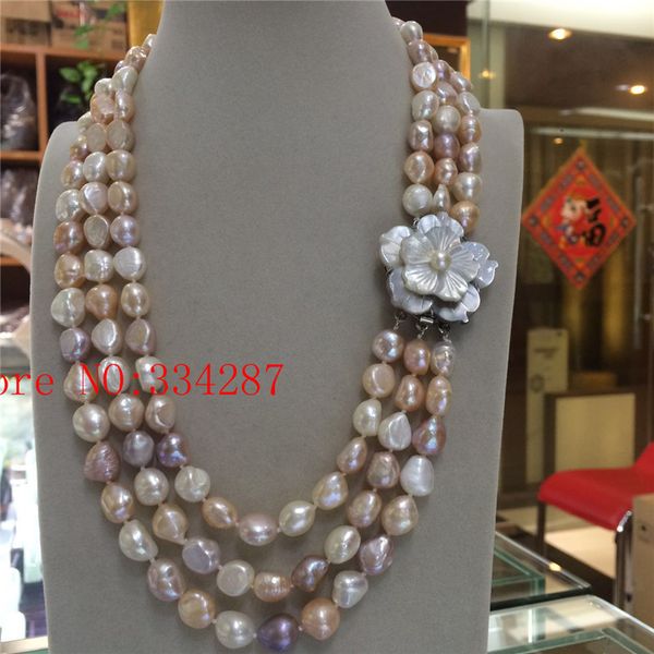 

big 3row 10-11mm baroque white pink purple freshwater pearl necklace, Silver