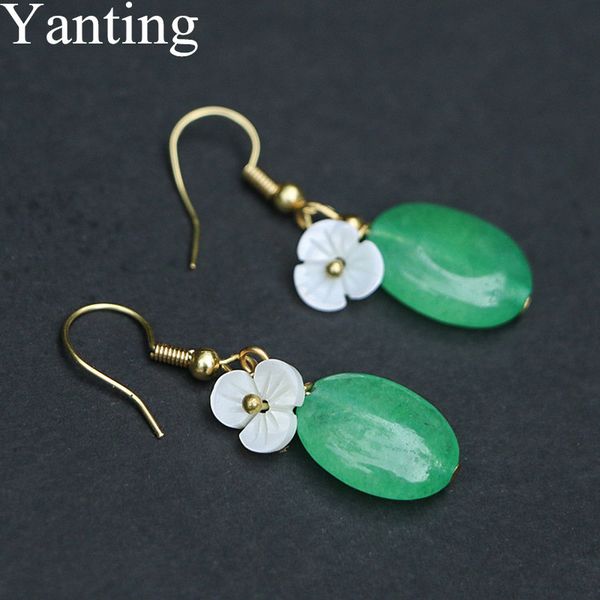 

yanting simple sweet dangle earrings green chalcedony shell flower earrings for women handmade ethnic brincos 2018 new 0111, Silver