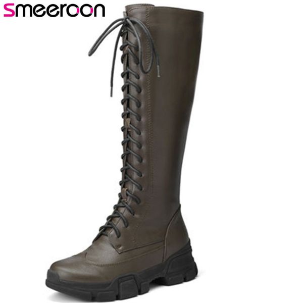 

smeeroon 2018 new fashion autumn zip+cross tied flat bottom women boots knee high boots genuine leather, Black