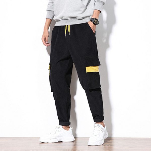 

2018 new trendy men's pants corduroy streetwear cargo harem pants men patchwork casual trousers hip hop sweatpants joggers men, Black