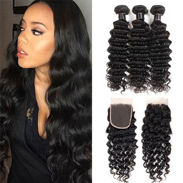 

индийская глубокая волна плетения волос девственницы с закрытием шнурка бразильские волосы remy пучки с 13x4 кружева лобной дешевые человече, Black