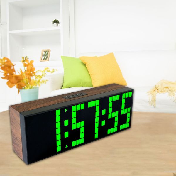 

green led digital wall table clock with alarm countdown function show temperature calendar wood grain shell modern watch