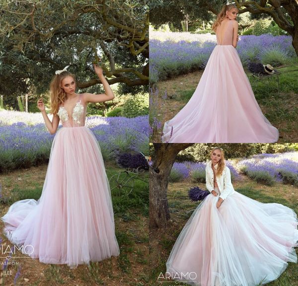 2019 Blush Pink Brautkleider mit tiefem V-Ausschnitt und Applikationen, sexy, rückenfrei, Sweep-Zug, Strand-Brautkleider, maßgeschneidertes Brautkleid in Übergröße