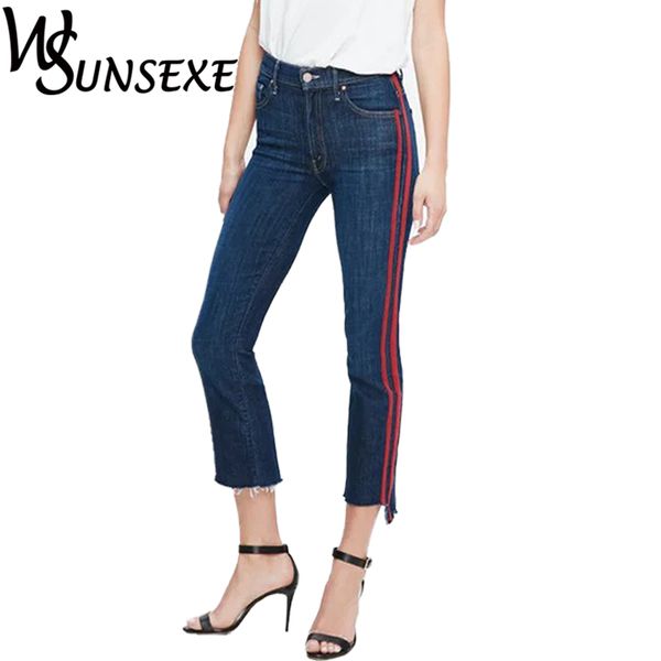 

women fashion denm jeans stripe denim flares pants casual slim jeans 2017 new ankle-length trousers high waisted skinny cowboy, Blue