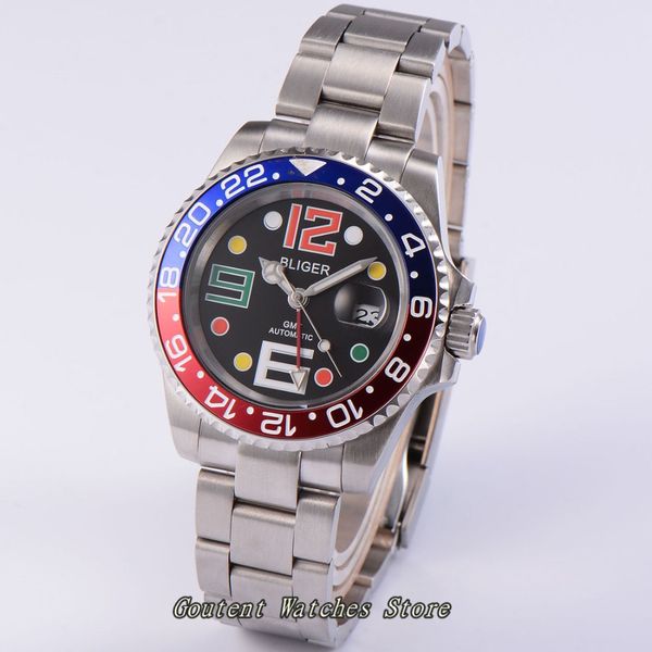 

40mm bliger date blue&red bezel ss. case gmt luminous sapphire glass automatic men's watch, Slivery;brown