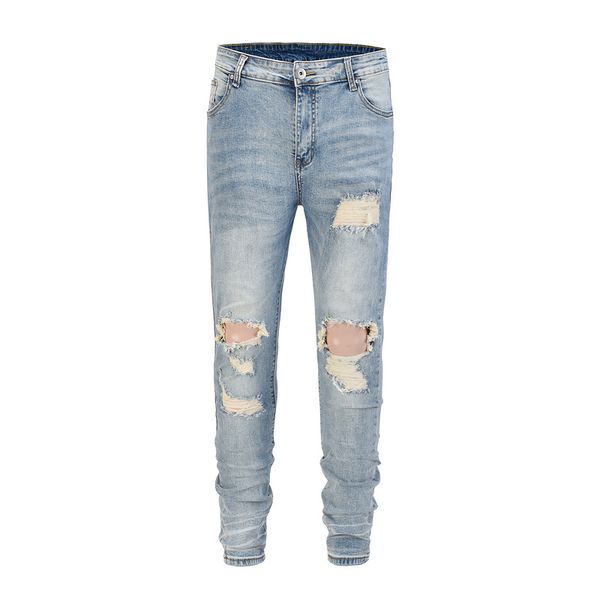 

2018 black fog street men's zippers slim fit cotton denim ripped wash old damage hole jeans k33#, Blue