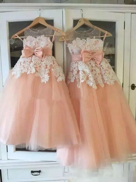 

elegant flower girls dresses 2019 scattered beaded sheer neckline pretty ivory lace and apricot tulle little girls wedding party dresses, White;blue