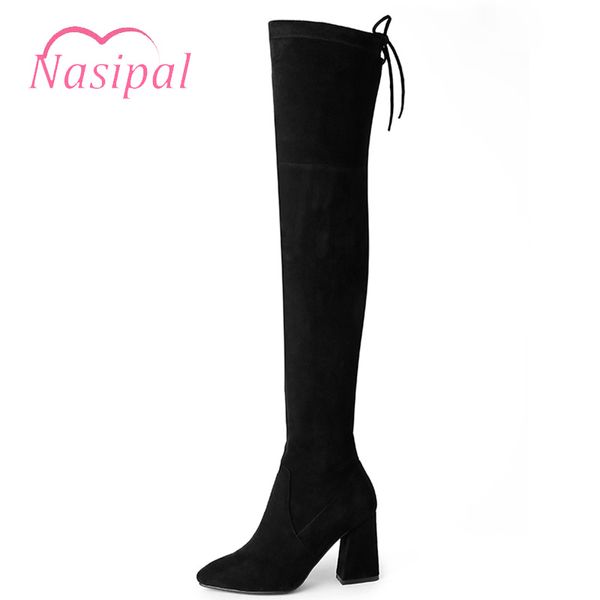 

nasipal slim over the knee boots women's black lace up thigh high boots zipper chunky heels long botas feminina mujer m338