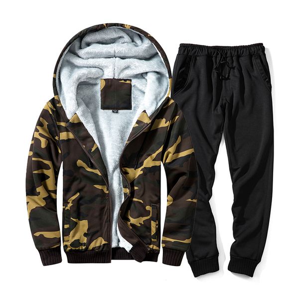 

winter camouflage fleece sporting suits casual hooded warm sweatshirts male thicken tracksuit jacket+pant moleton masculino, Gray