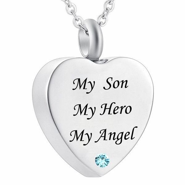 

my dad my hero my angel cremation jewelry birthstone crystal memorial urn necklace son heart pendant funnel fill kit, Silver