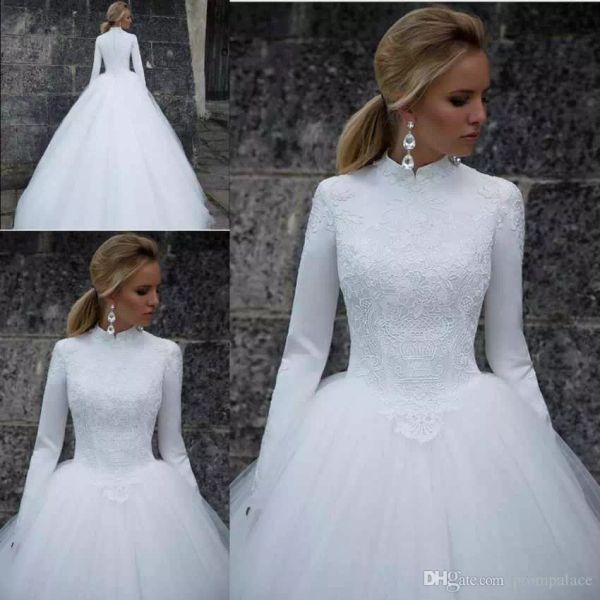 

саудовский арабский белый линия свадебные платья высокая шея с длинным рукавом кружева свадебные платья развертки поезд плюс размер свадебно, White