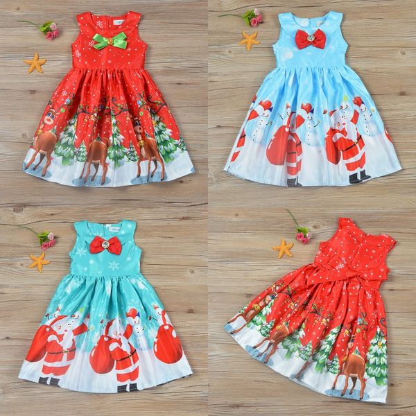 

baby girl christmas dress cartoon print elk deer santa claus summer costumes for kids children sleeveless dress, Red;yellow