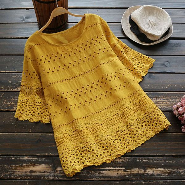 

4 colors crochet lace cuff and hem hollow out summer shirt short-sleeved embroidery round neck cotton blouse women casual, White