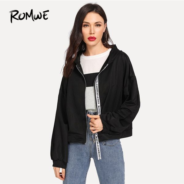 

black ribbon letter tape strap hooded jacket womens jackets and coats casual autumn 2018 clothing zip up hoodie outerwear, Black;brown